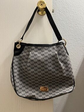 Michael Kors Gray and Black MK Signature Hobo with Gold Hardware